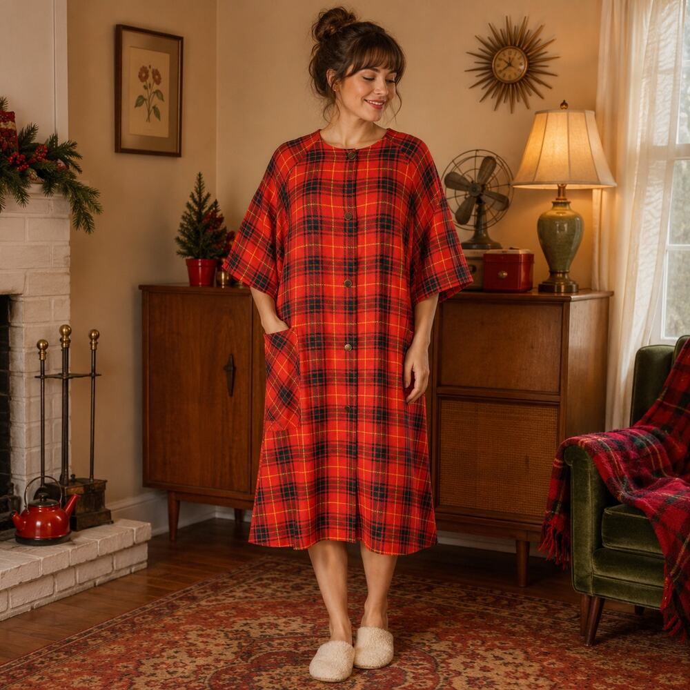 1960s Red Plaid Housecoat, Vintage Tartan Duster Robe,  House Coat - M/L